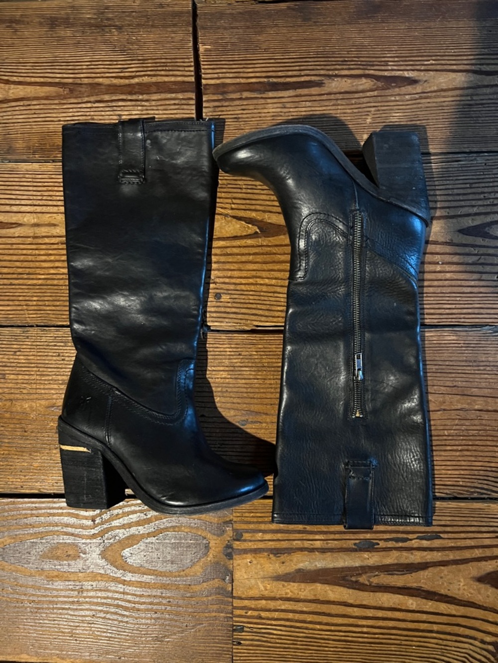 Frye Black Leather Mid-Calf Block Heel Boots